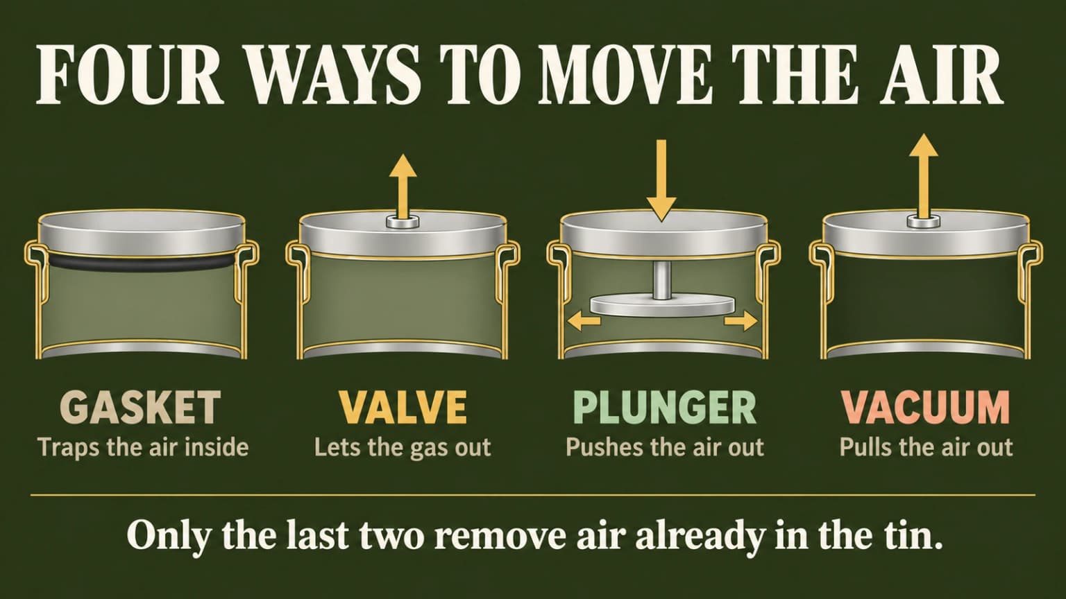 Four canister lid types drawn by the motion each makes: clamp, vent, plunger and vacuum.