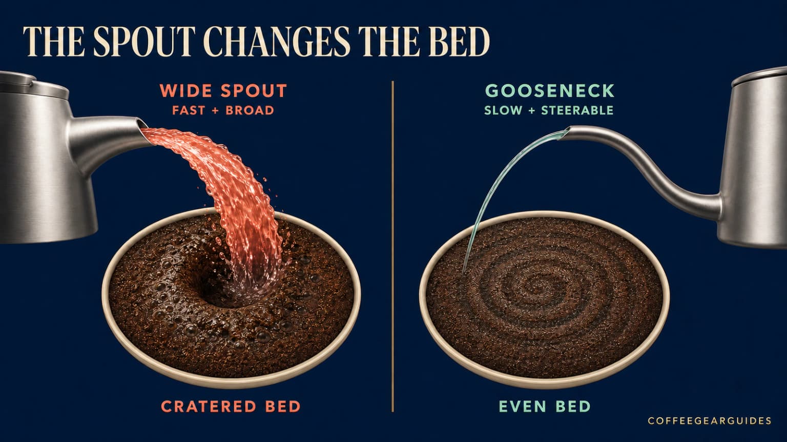 A wide kettle spout and a gooseneck compared by stream width, pour arc and area wetted.