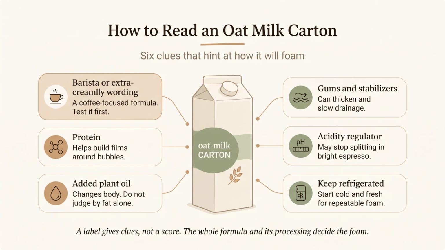 Annotated oat milk carton label showing where to find protein, oil, stabilizers, acidity regulators, barista wording, and refrigeration guidance.