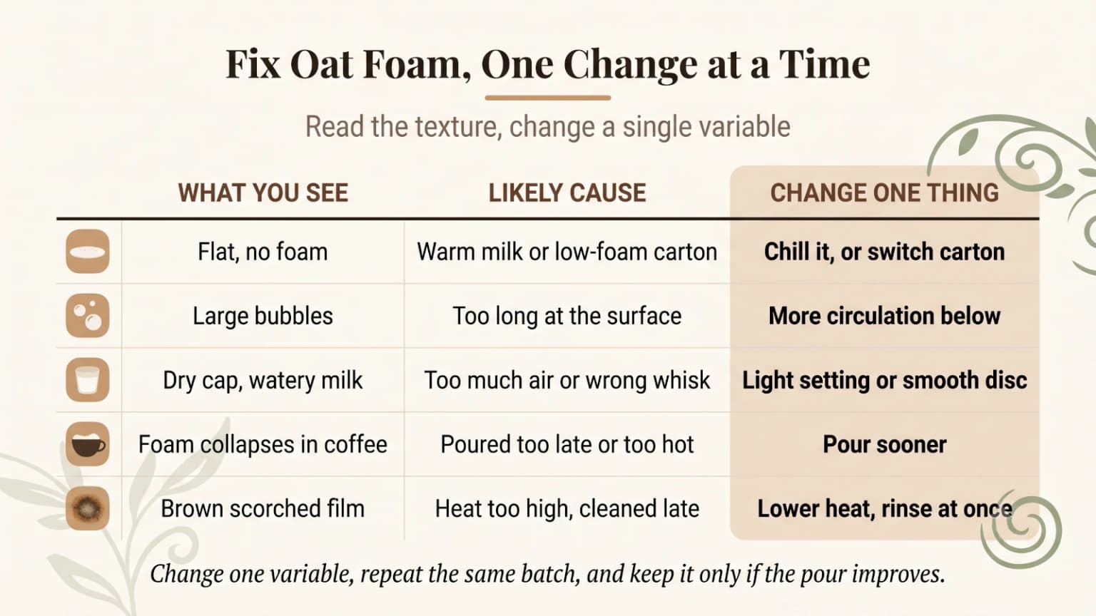Troubleshooting matrix matching flat oat milk, large bubbles, dry foam, rapid collapse, and scorched film to one variable to change.
