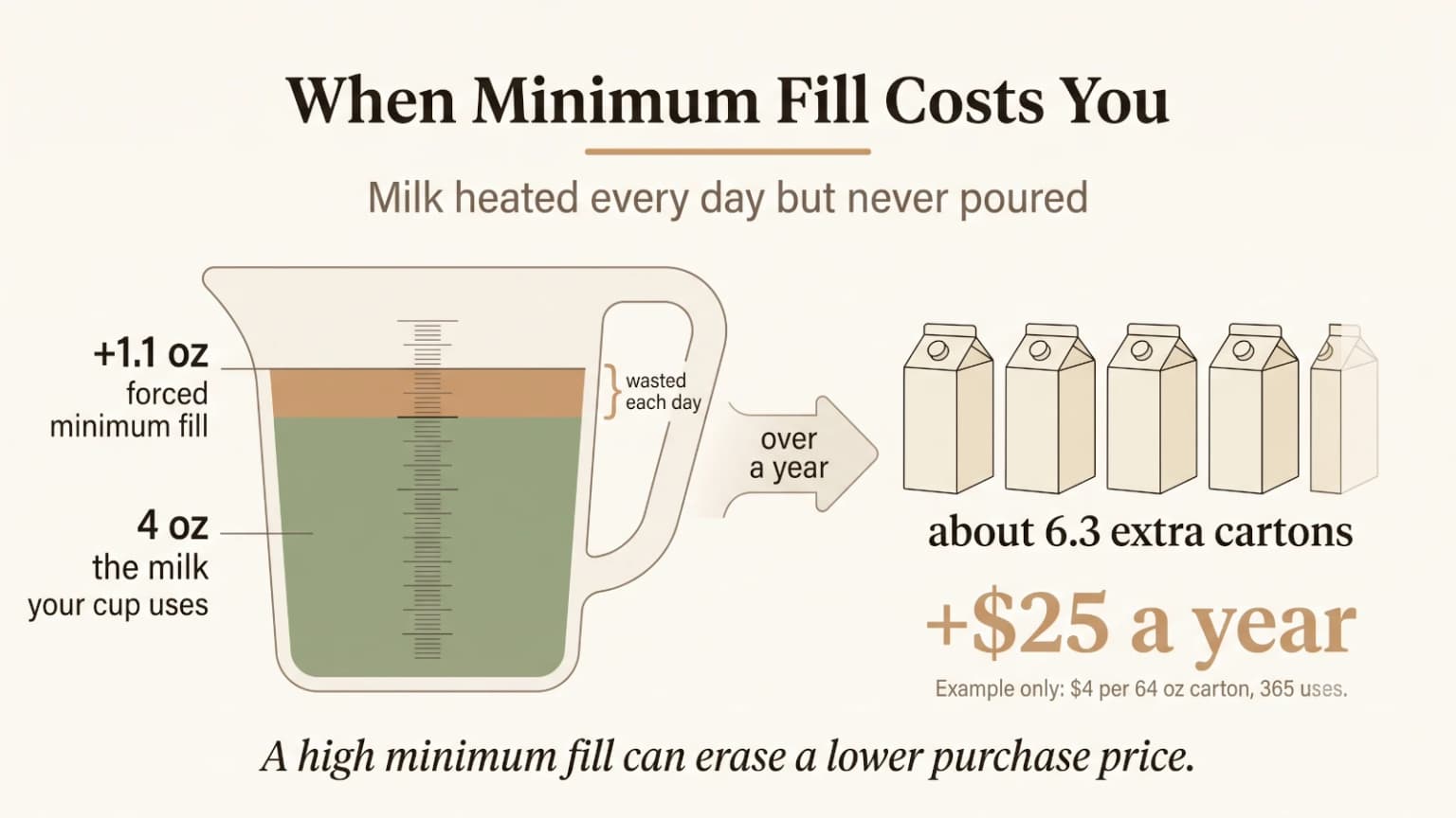Graduated pitcher graphic showing how an extra 1.1 ounces of oat milk per day becomes about 6.3 extra cartons over a year.