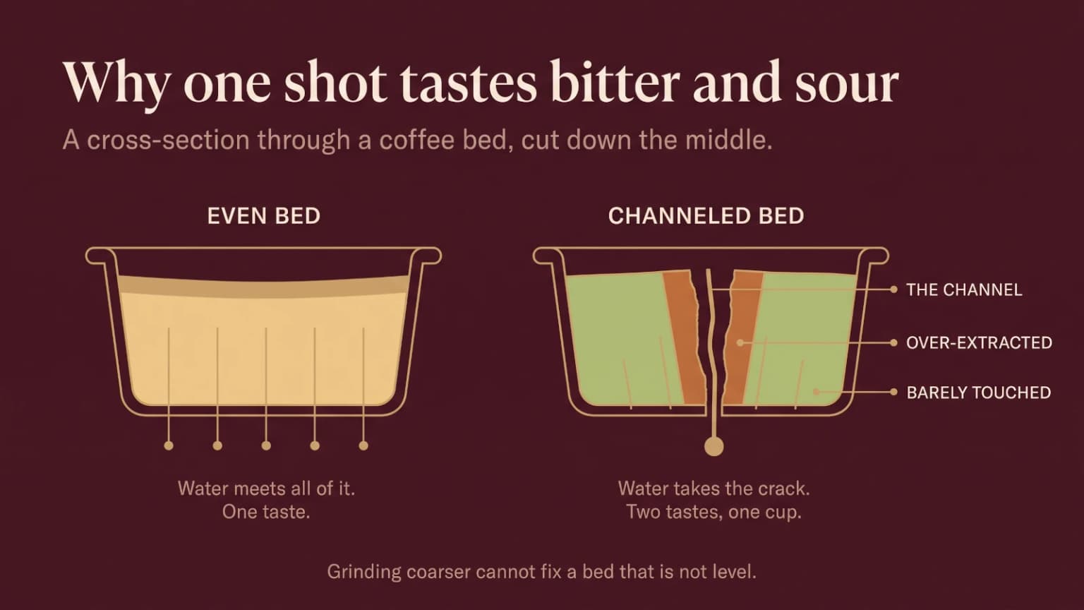 Two cross-section diagrams of a coffee bed side by side: an even bed where water passes through all of it, and a channeled bed where water races down one crack, over-extracting beside it and barely touching the rest.