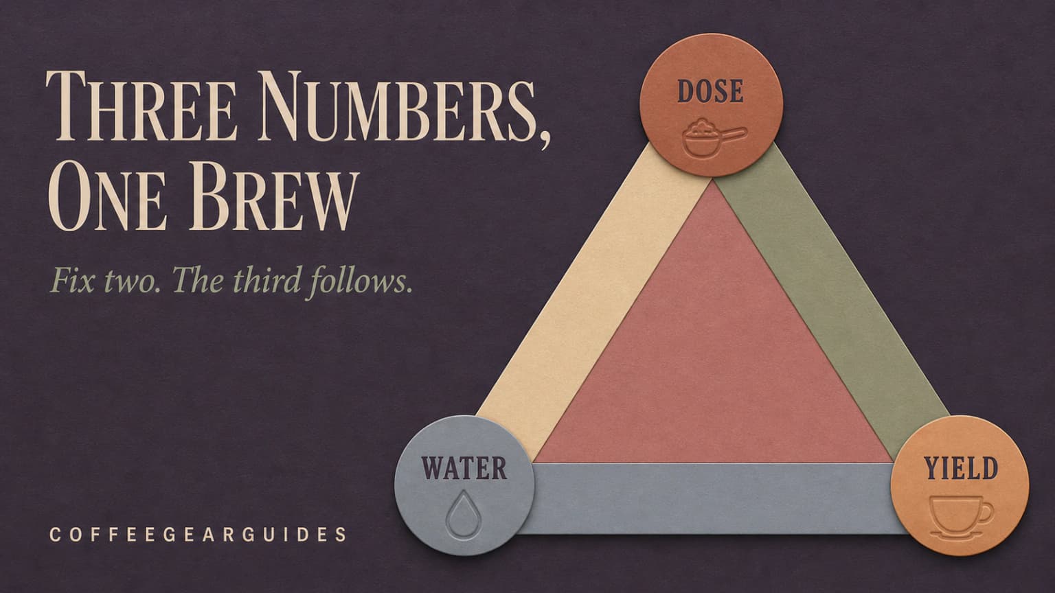 Three linked nodes showing coffee dose, water weight and cup yield in a brew ratio.