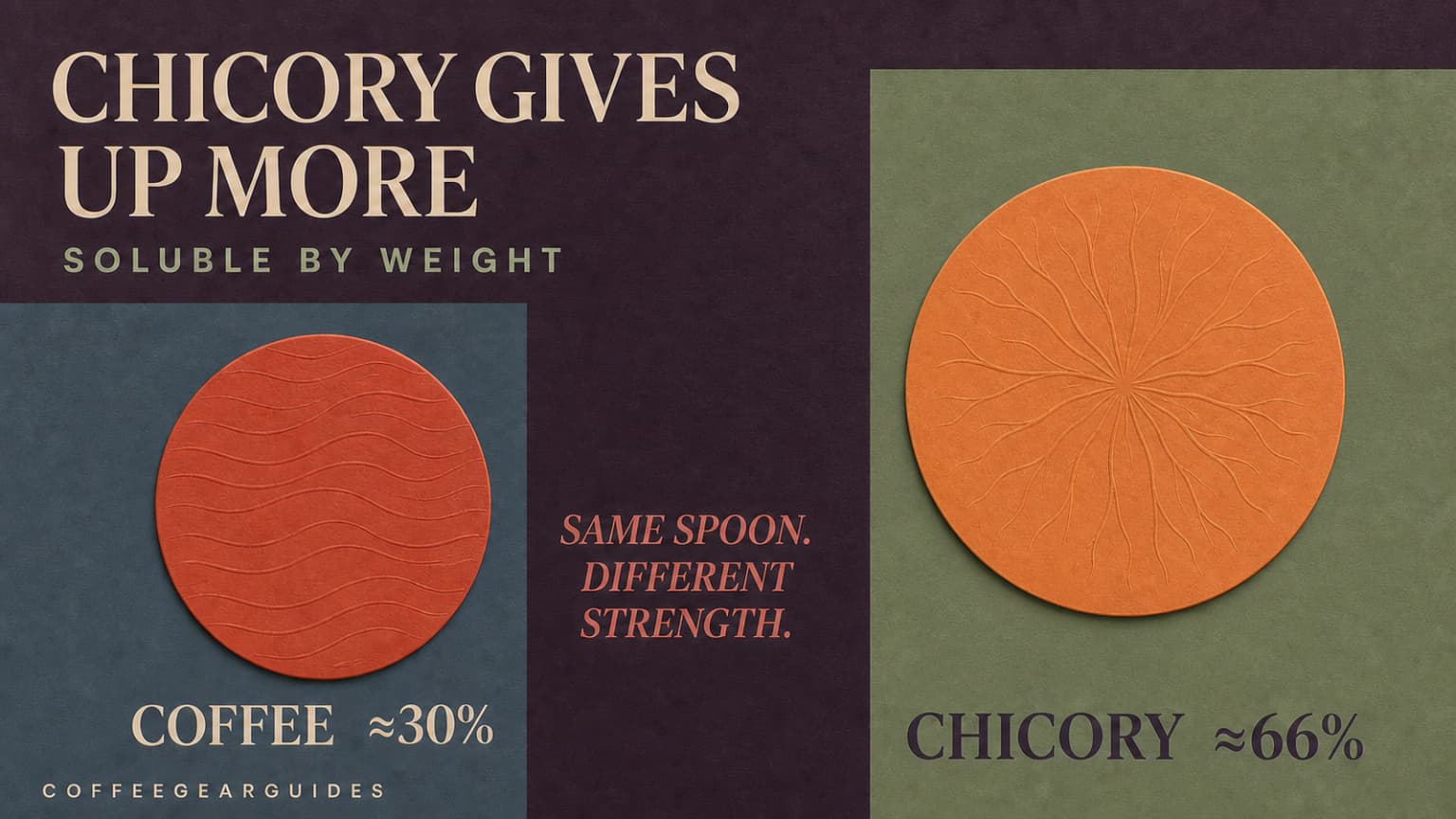 Two circles sized by soluble content, comparing roasted coffee with roasted chicory root.