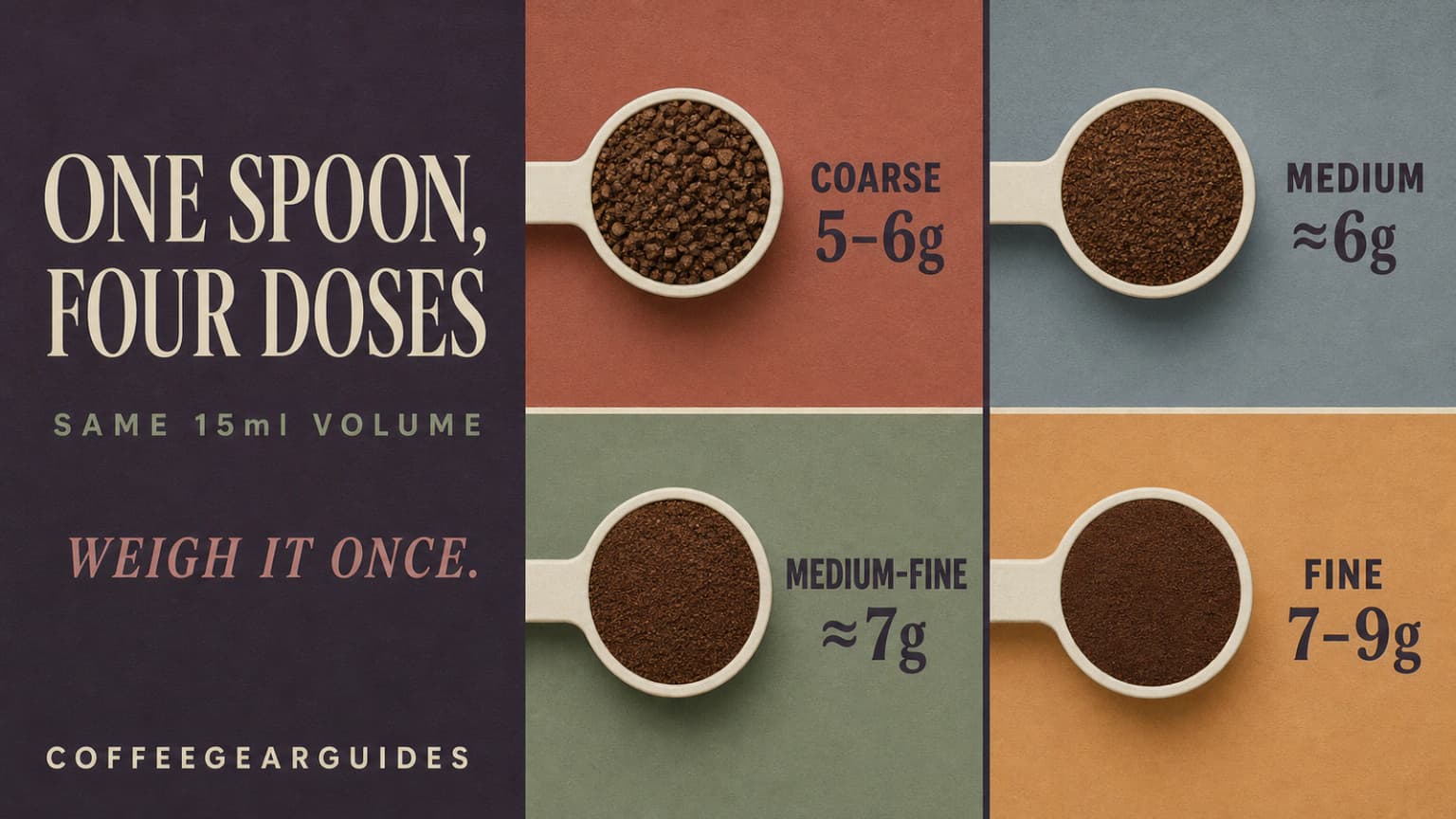 Four level tablespoons of different grind sizes with the weight each one actually holds.