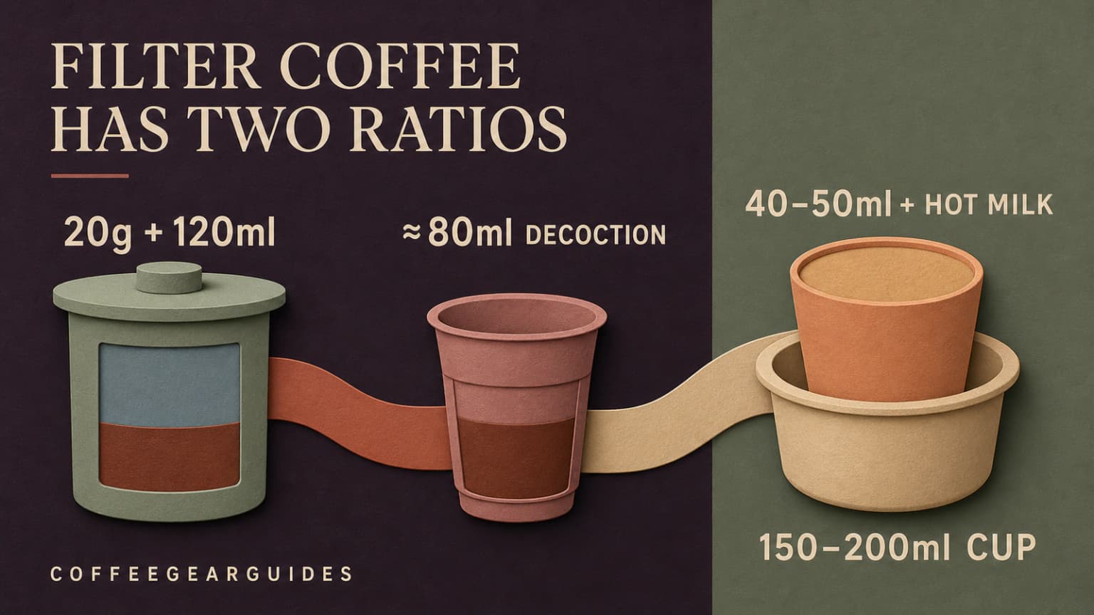 Two-stage flow from coffee powder and water to decoction, then decoction into hot milk.