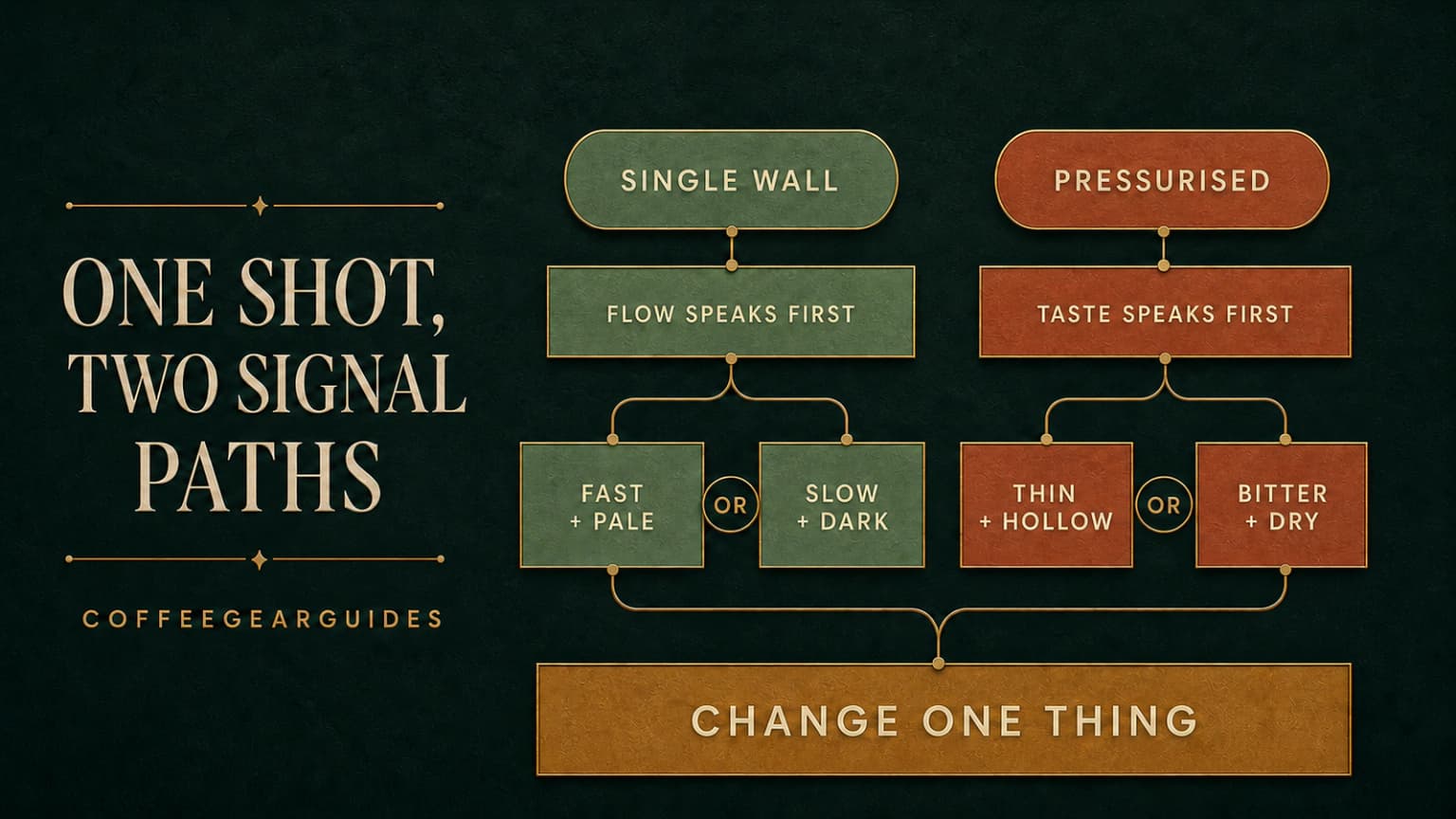 Split flow showing first-shot signals from single-wall and pressurised espresso baskets.