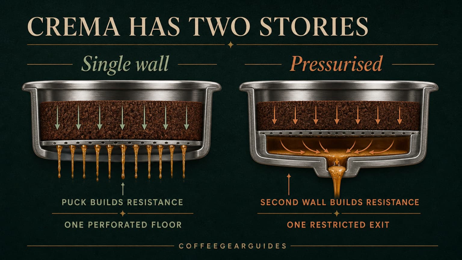 Cross-section showing how single-wall and pressurised baskets create crema differently.