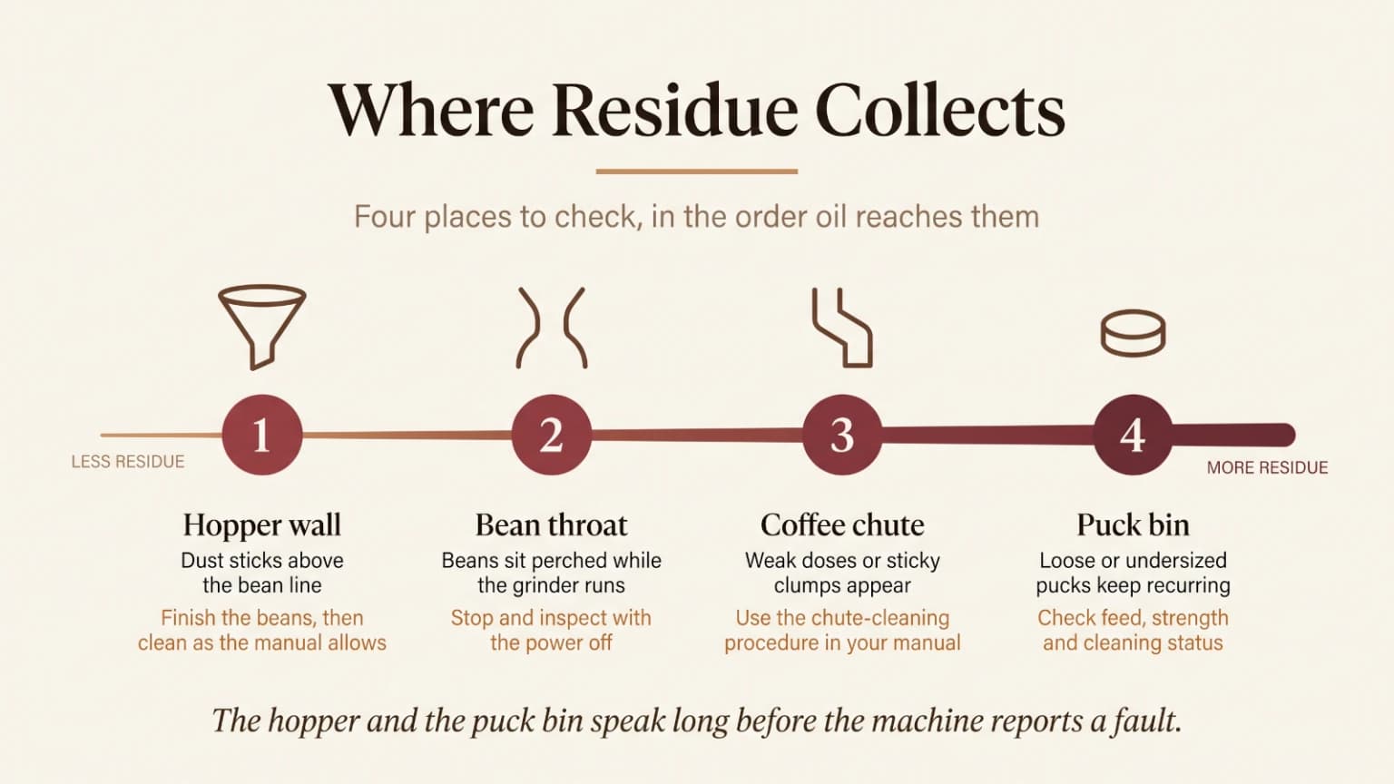 Anatomy diagram tracing oily coffee residue from a superautomatic hopper through the grinder and chute to the brew group.