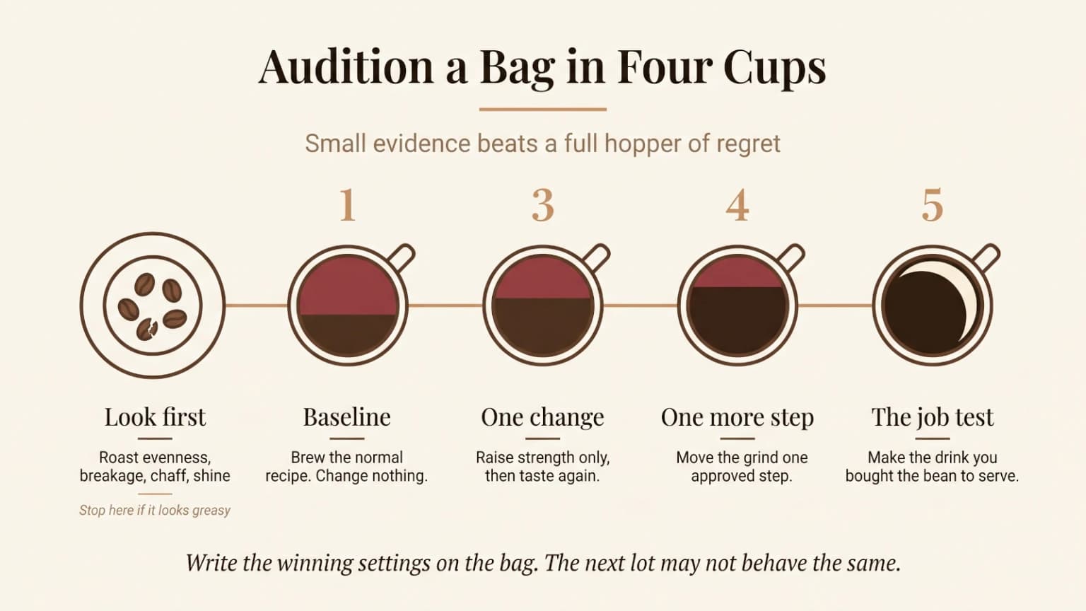 Decision flow for inspecting a new coffee bag and testing four controlled drinks before filling a superautomatic hopper.