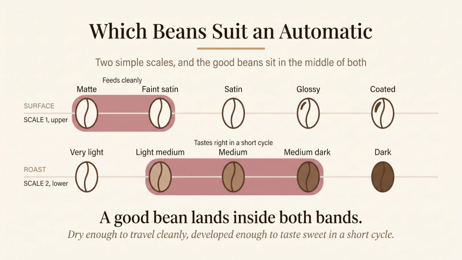 Two scales showing which bean surface condition and roast level suit a superautomatic machine.