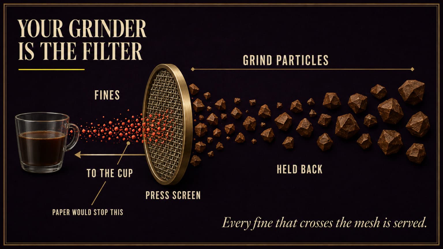 A grind particle spread with the press screen marked, showing the fine tail that reaches the cup.