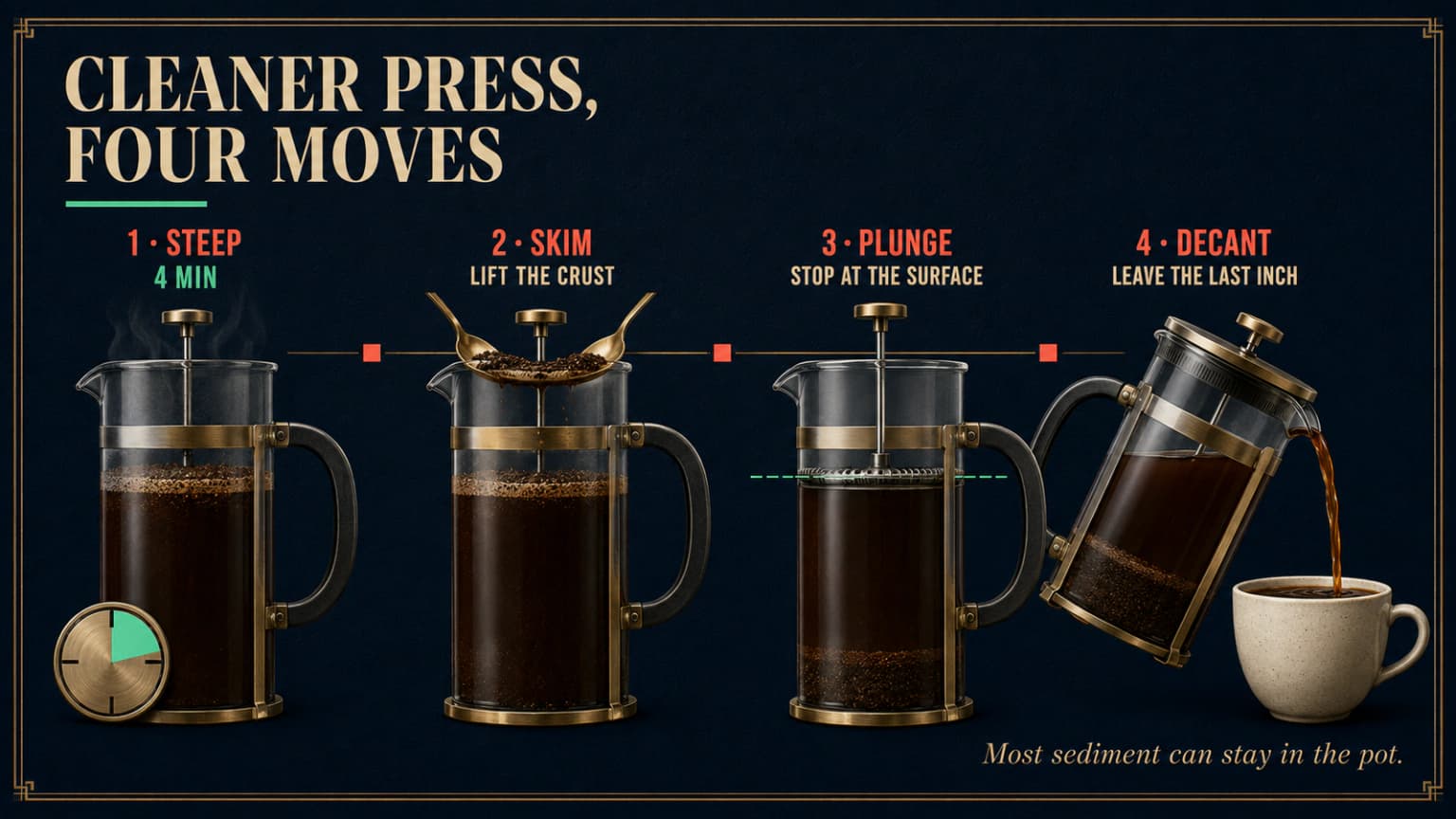 Four stages of a press brew: steep, crust skim, plunge to the surface, and decant.