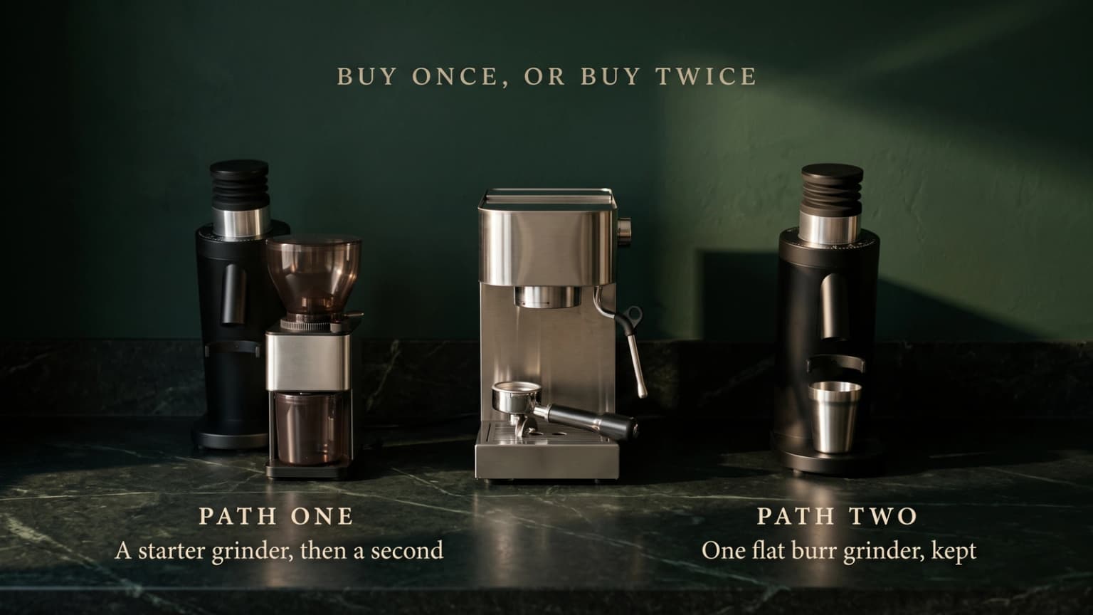 Two paths from a Bambino: a starter grinder replaced later, or one flat-burr grinder kept for good.