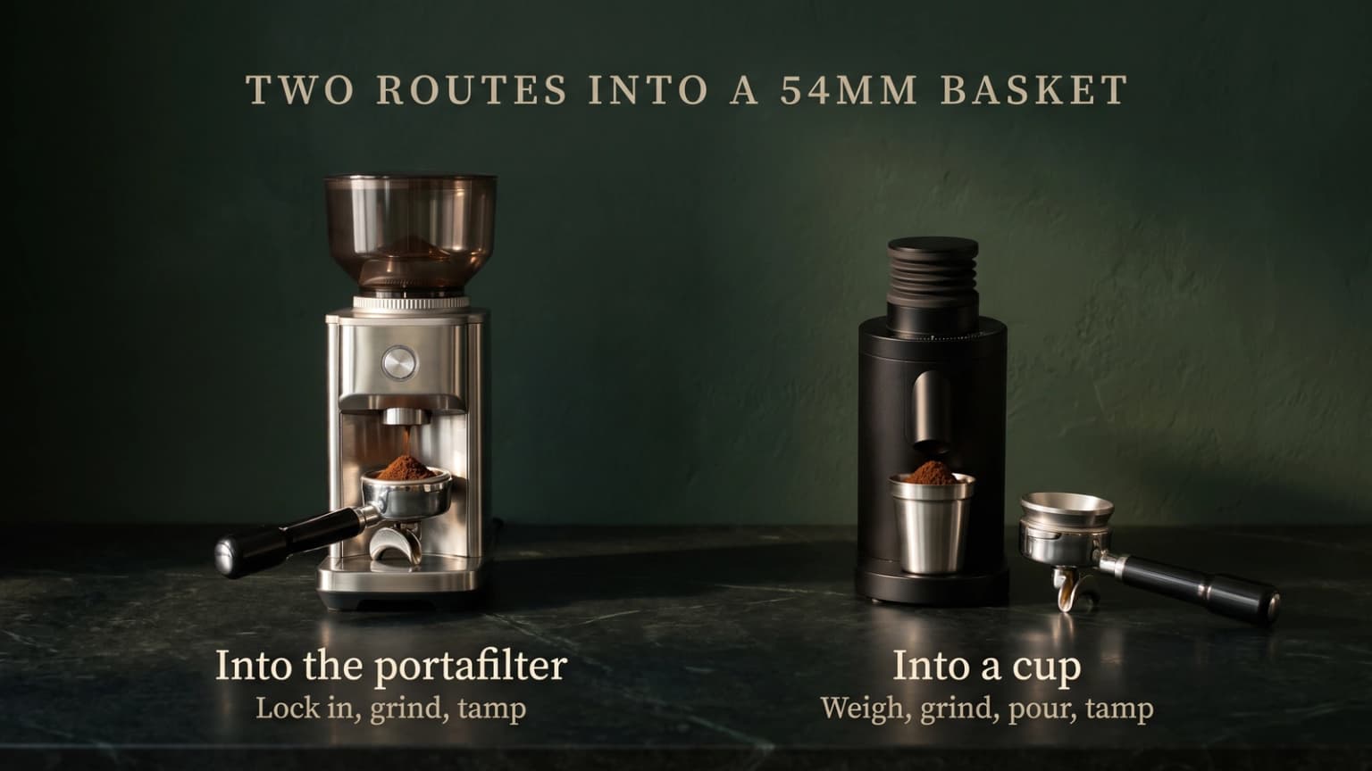 A hopper grinder filling a 54mm portafilter beside a single-dose grinder filling a dosing cup.