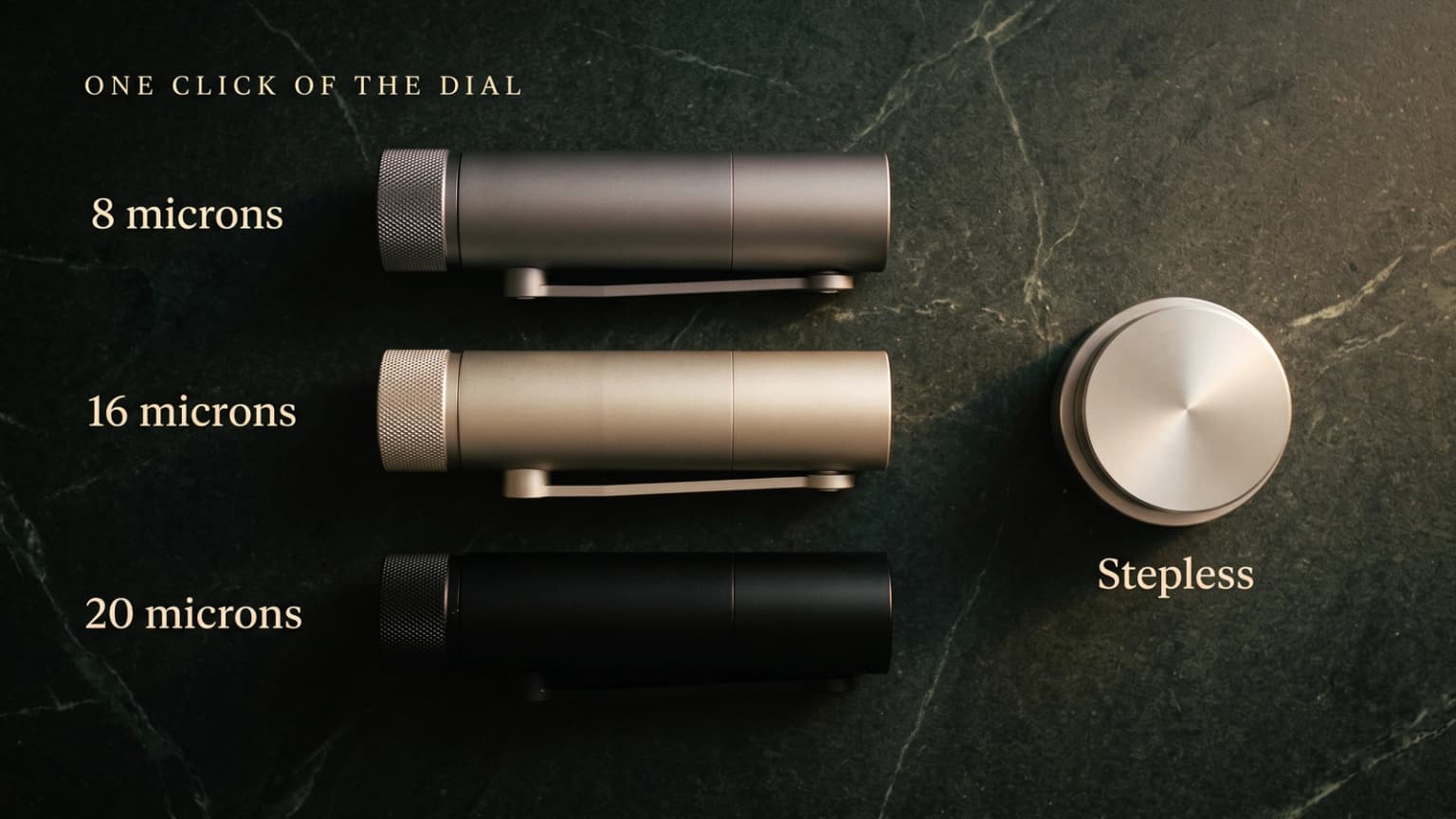 Three hand grinders marked 8, 16 and 20 microns per click beside a stepless grinder's knob.