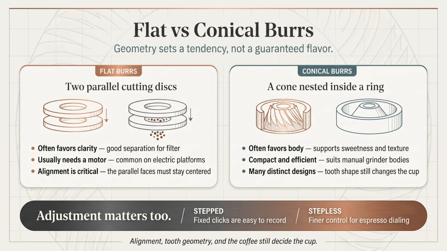 Diagram comparing flat and conical coffee grinder burr paths, flavor tendencies, motor demands, and common single-dose uses.