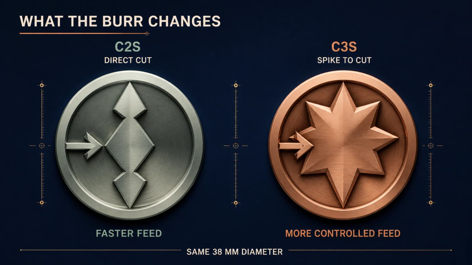 Top views compare the Timemore C2S standard burr path with the C3S spike-to-cut path