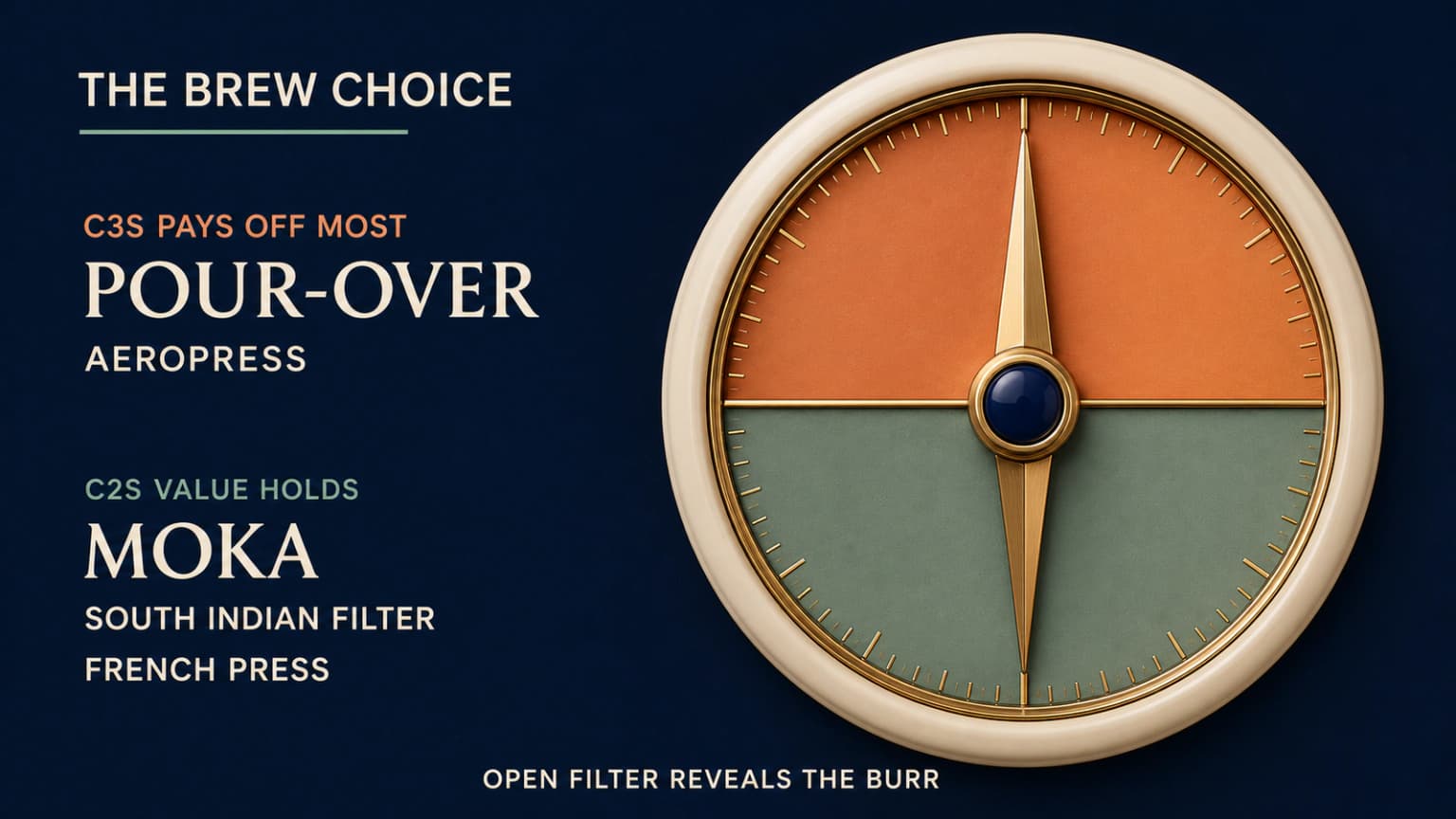 A four-part brew compass places the C3S near pour-over and the C2S near moka and immersion