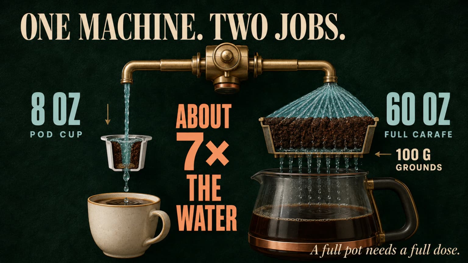 How one dual coffee maker treats water differently on its pod side and its 12-cup carafe side.