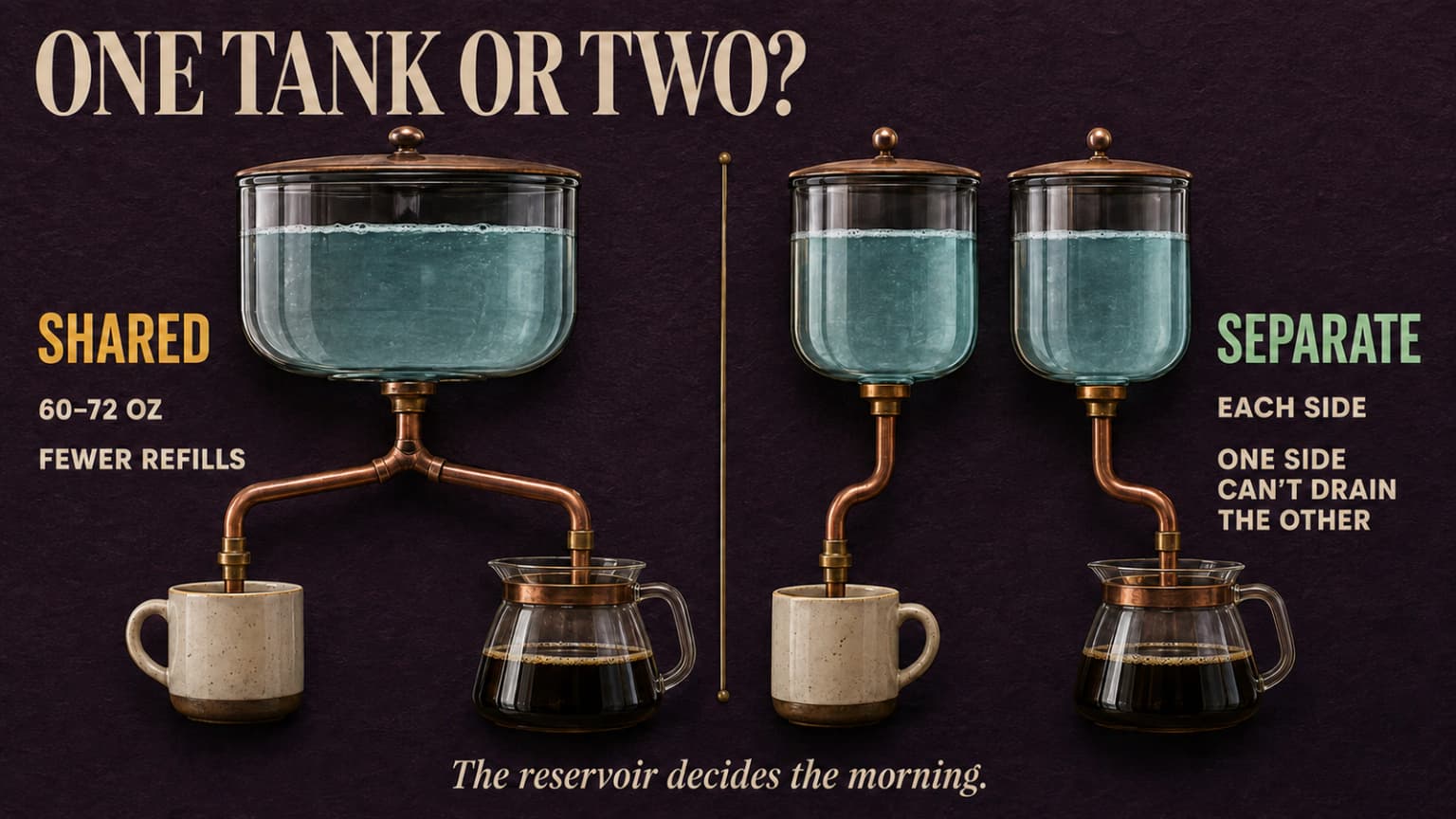 Two dual coffee maker water systems: one shared tank, or a dedicated tank per side.