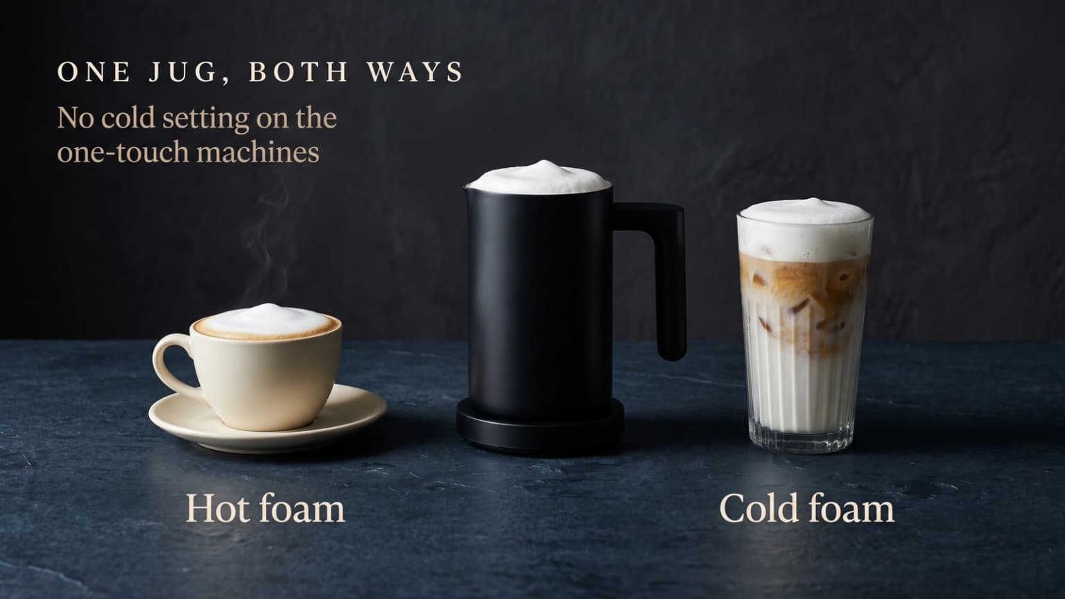 A milk frother jug between a hot cappuccino and an iced latte topped with cold foam.
