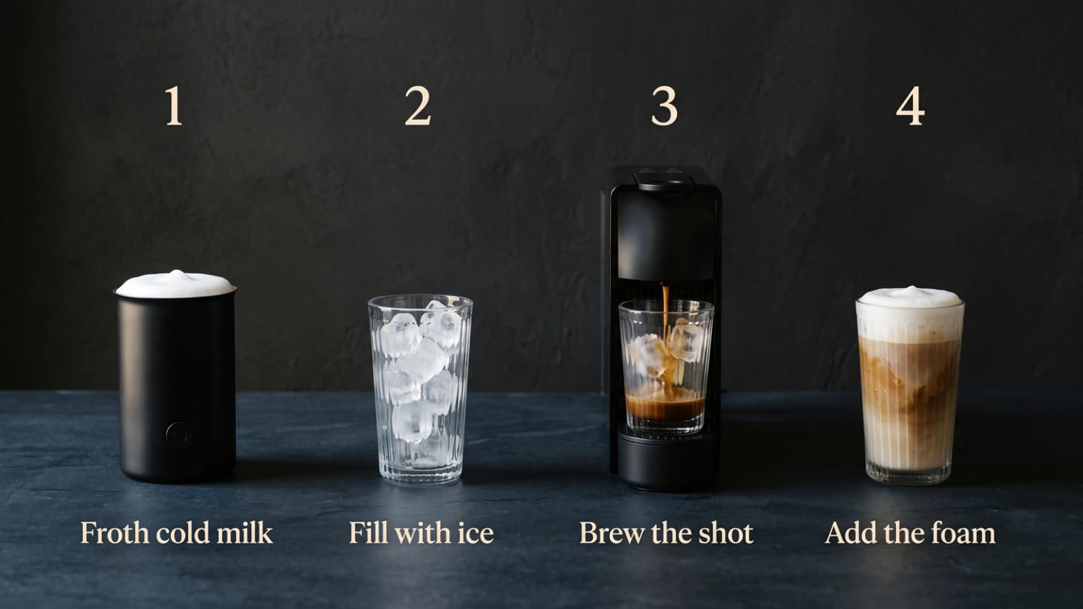 Four steps to a Nespresso iced latte: froth cold milk, add ice, brew the shot, then add foam.