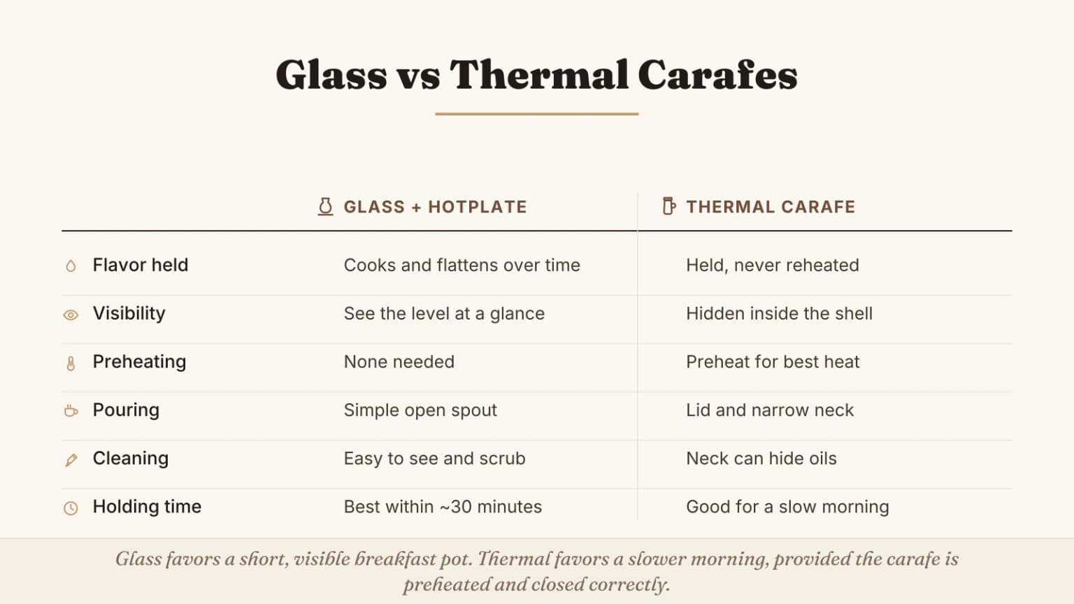 Infographic comparing glass coffee carafes on warming plates with insulated thermal carafes across flavor, visibility, preheating, pouring, cleaning, and holding time.