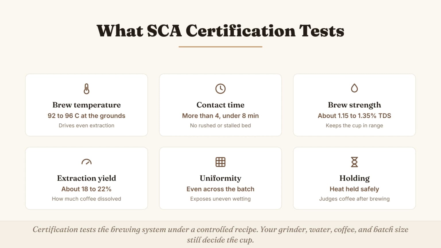 Diagram explaining SCA home brewer testing for water temperature, four to eight minute contact time, beverage strength, extraction, uniformity, and holding performance.