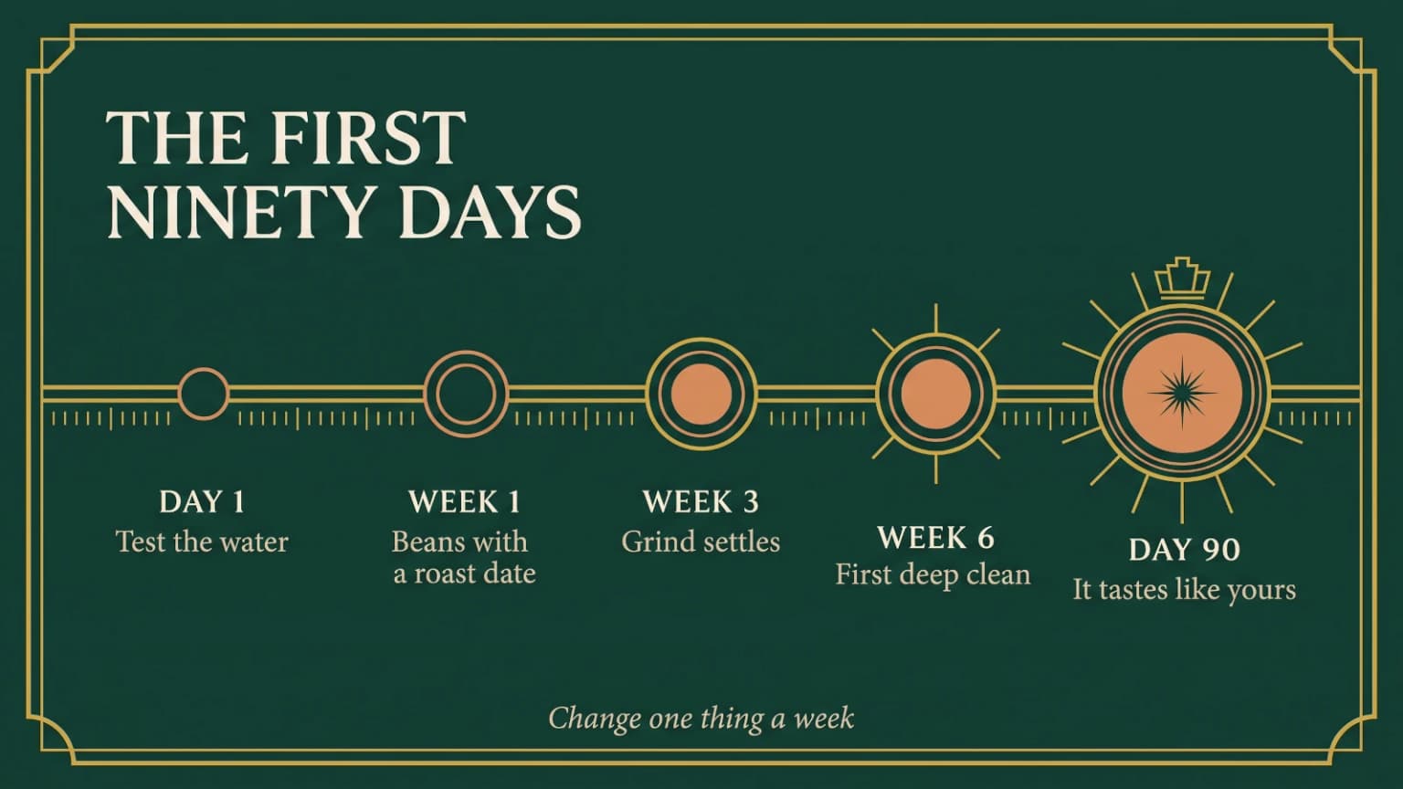 Timeline of the first ninety days with a coffee machine in India, from water test to deep clean.