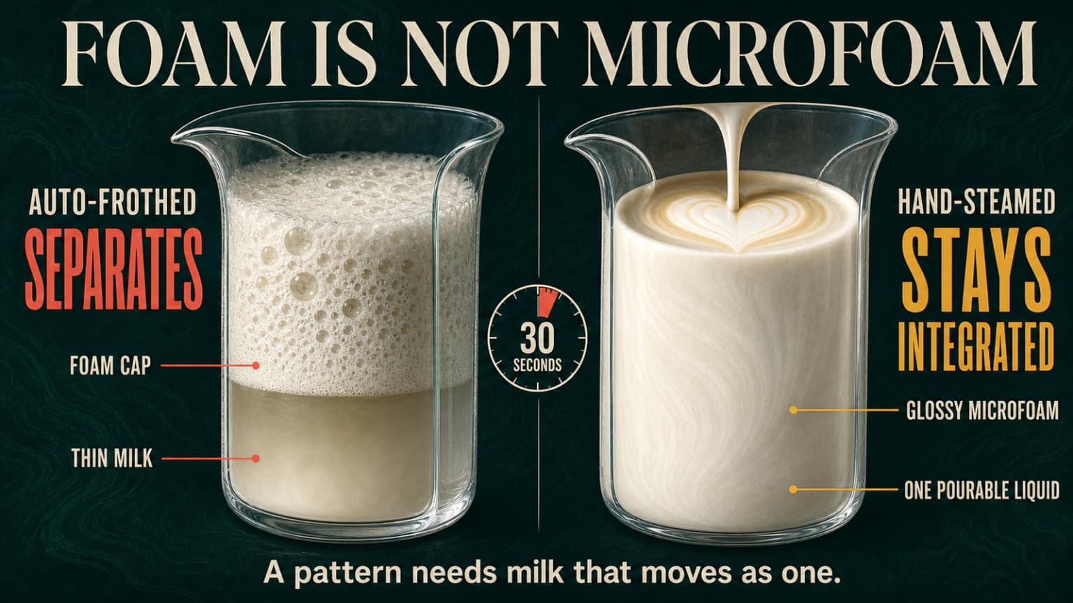 Two glasses in section: stiff layered automatic foam beside integrated hand-steamed milk.