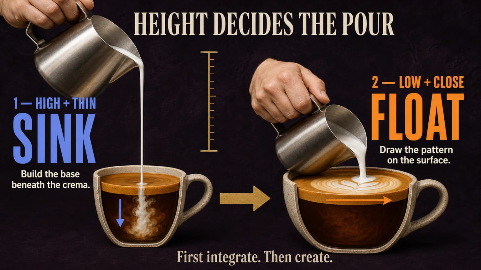 Side view of a milk pour: a high thin stream sinking, and a low close stream floating on crema.