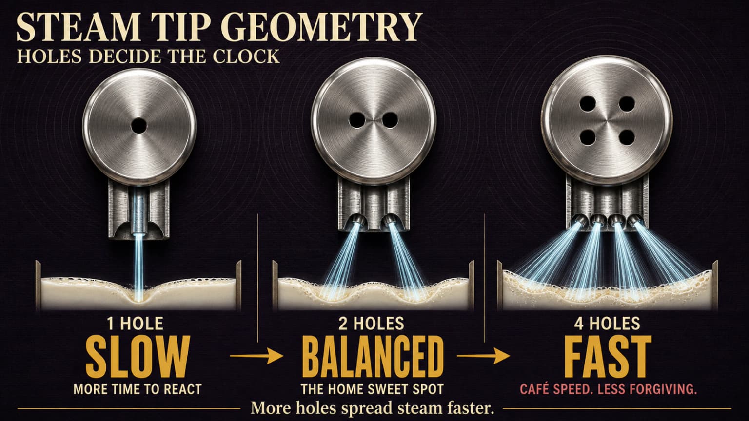 Steam wand tip faces with one, two and four holes, and the jet spread each one makes.