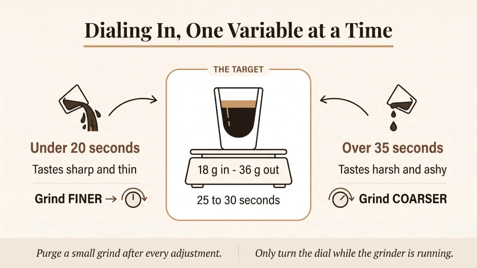 Diagram showing how to dial in espresso on a built-in grinder: adjust grind finer when shots run fast and sour, coarser when shots run slow and bitter.