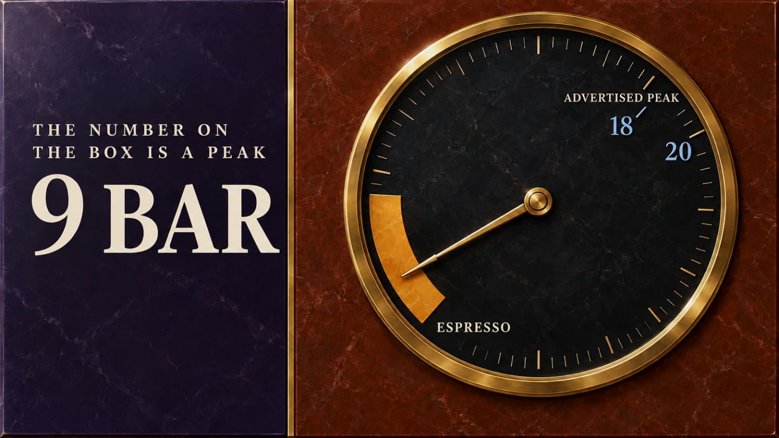 A pressure gauge marking the nine bar espresso zone against higher advertised peaks.