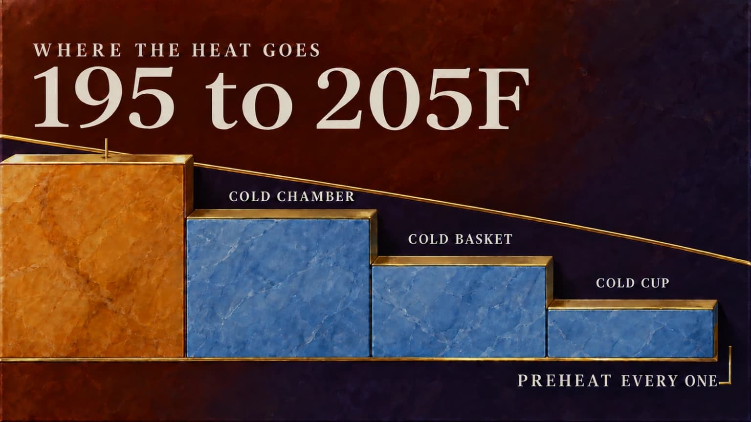 Heat loss from kettle to cup through a portable espresso maker, and the surfaces to preheat.