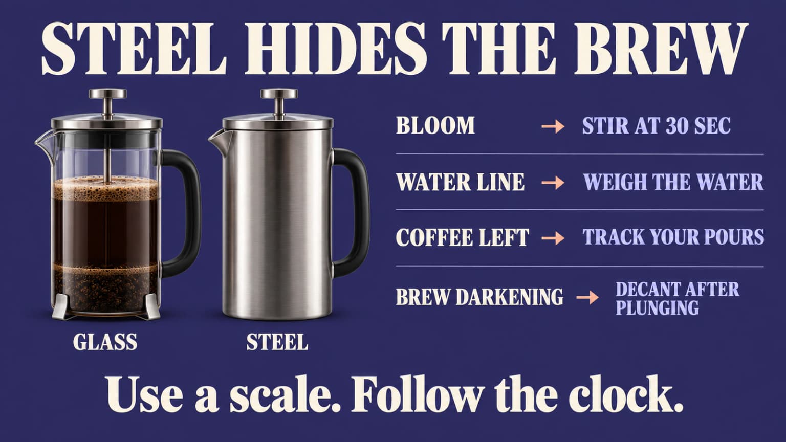 Glass and steel presses beside four brewing cues and the habits that replace them.