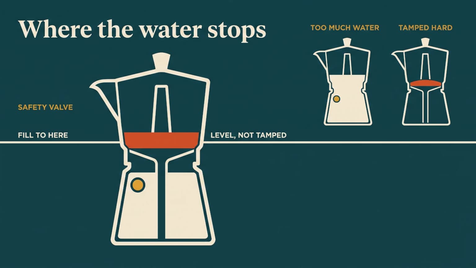 Moka pot cross-section: correct water level below the valve, beside two overfilled failures.