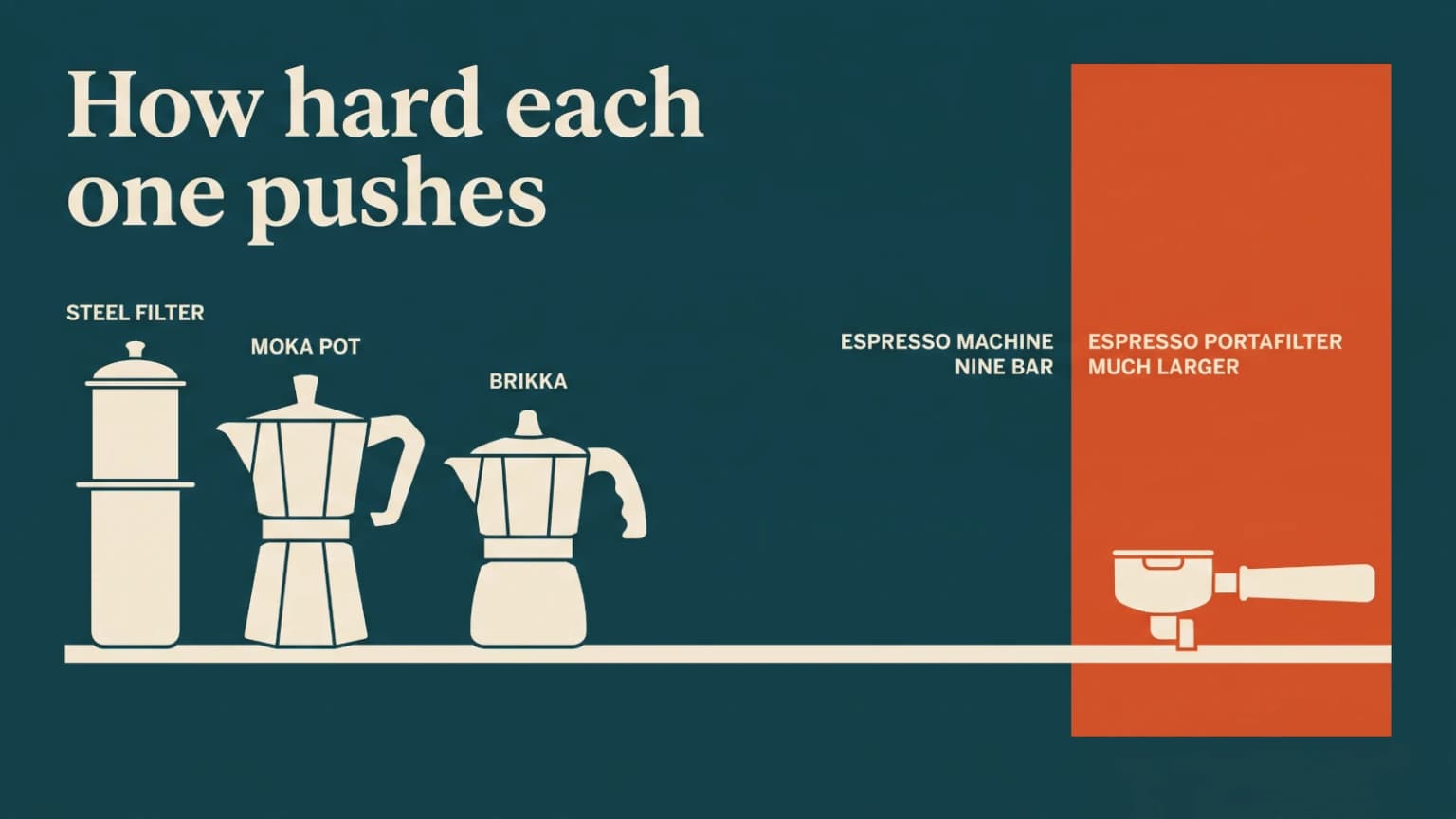 Four brewers on one pressure axis: steel filter at zero, moka pot, Brikka, espresso at nine bar.